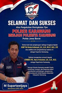 Bendahara DPD APPI Karawang M. Supartawijaya Sampaikan Ucapan Selamat atas Pengukuhan Polres Karawang Menjadi Polresta Karawang